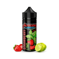 Ferocious Flavours Strawberry Lime e-liquid bottle with strawberries and limes.