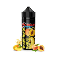 Ferocious Flavours Banana Mango Apricot vape juice bottle with fruit illustrations.