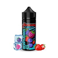 Ferocious Flavours Berrylicious Ice e-liquid bottle with berries and ice cubes.