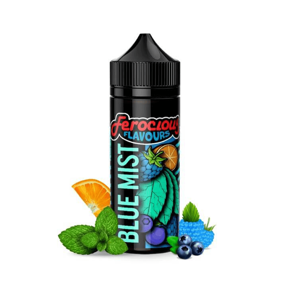 Ferocious Flavours Blue Mist e-liquid bottle with mint, orange, and berries.