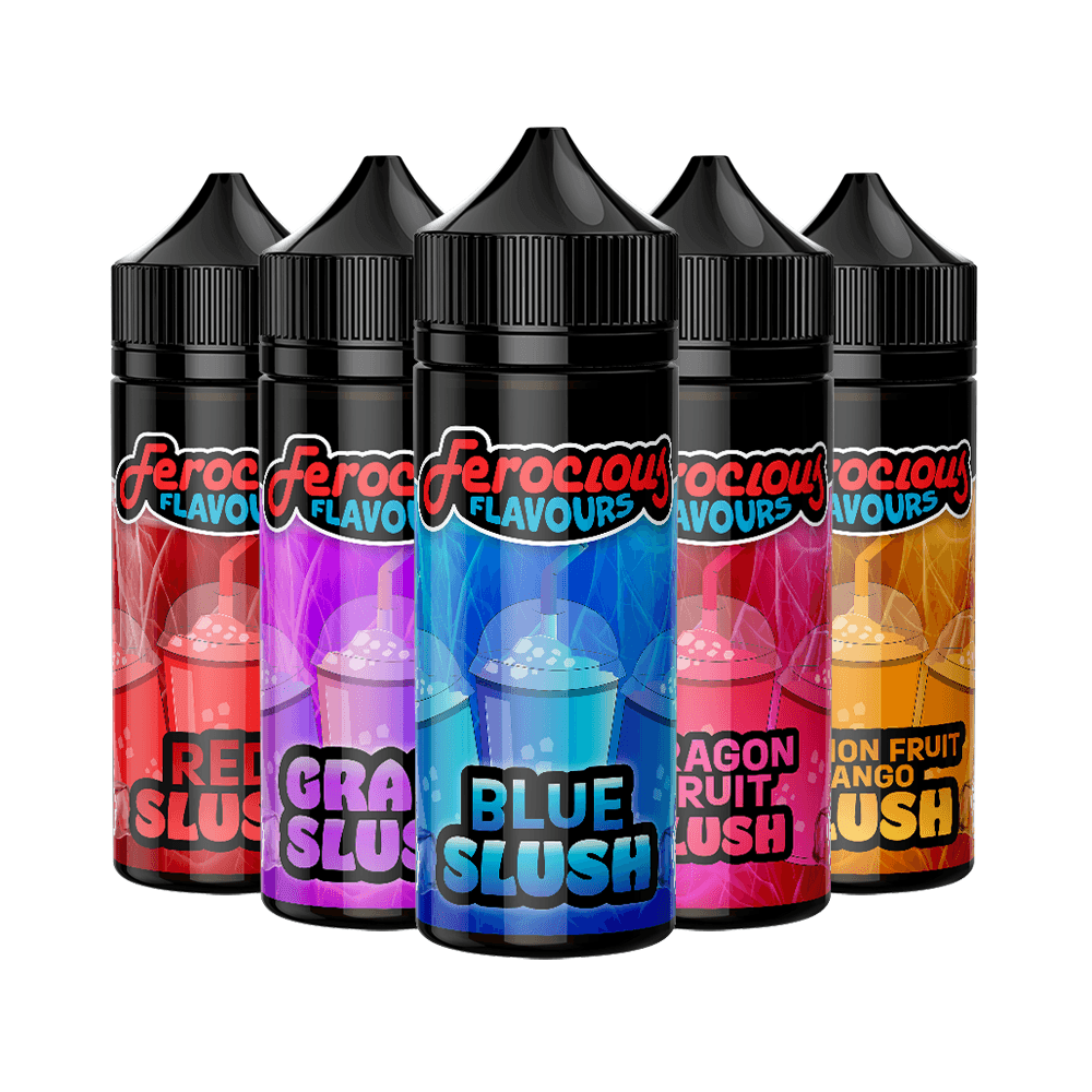 Five Ferocious Flavours e-liquid bottles: Red Slush, Grape Slush, Blue Slush, Dragon Fruit Slush, Lemon Fruit Mango Slush.