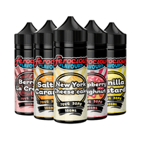 Five Ferocious Flavours e-liquid bottles: Berry La Creme, Salted Caramel, New York Cheesecake.