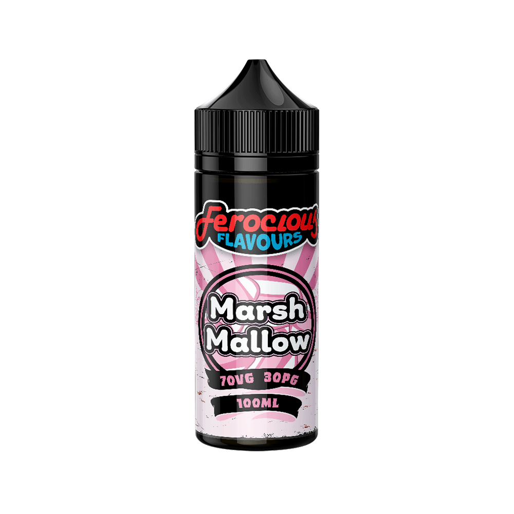 Ferocious Flavours Marsh Mallow vape juice bottle, 100ml, 70VG/30PG, pink label.