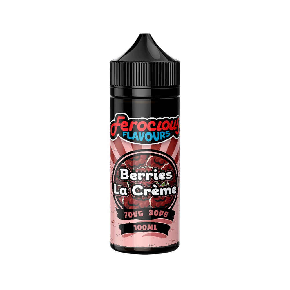 Ferocious Flavours Berries La Crème e-liquid bottle, 100ml, with a black cap and red label design.