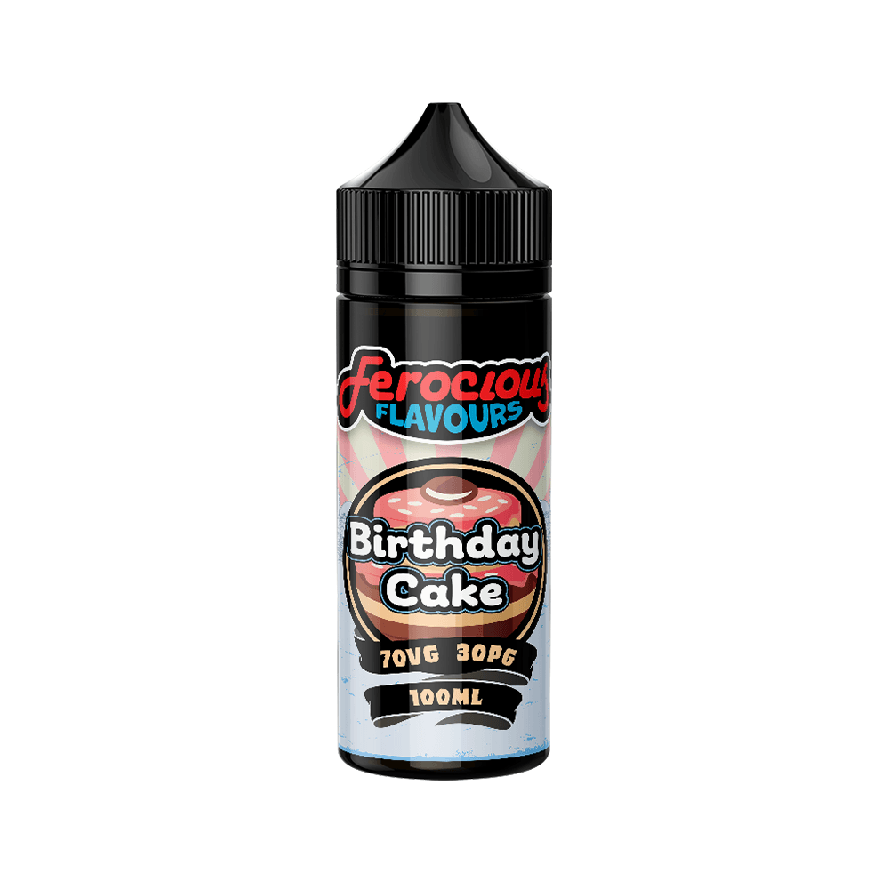 Ferocious Flavours Birthday Cake vape juice bottle, 100ml, with colourful label design.