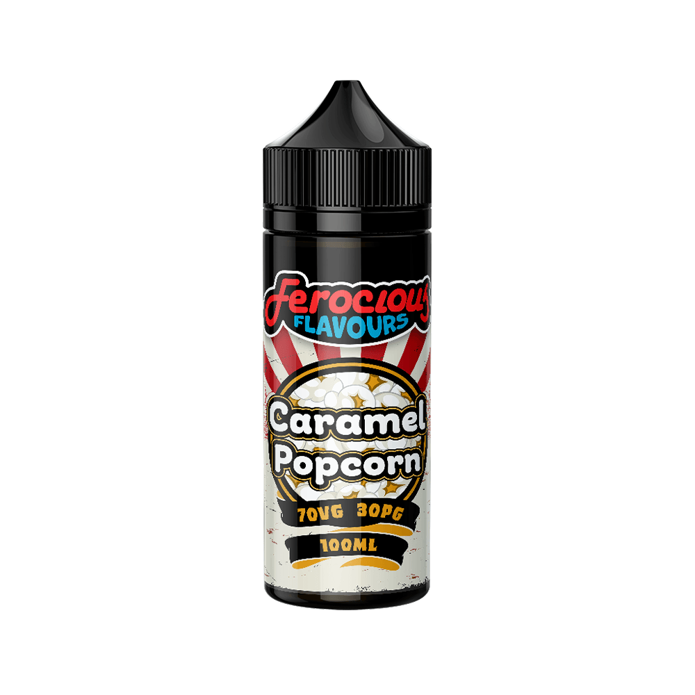 Ferocious Flavours Caramel Popcorn 100ml vape juice bottle with bold label design.