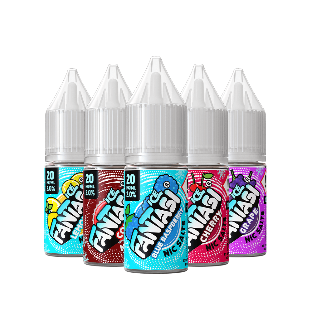 Fantasi Ice 10ml vape salts in blueberry, cherry, and grape flavours with colourful labels.