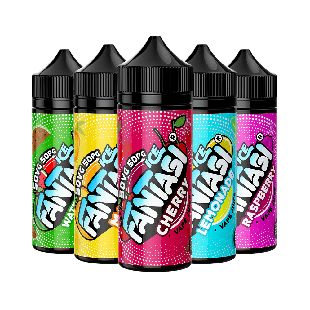 Five Fantasi Ice 50/50 e-liquid bottles in cherry, mango, lemonade, and raspberry flavours.