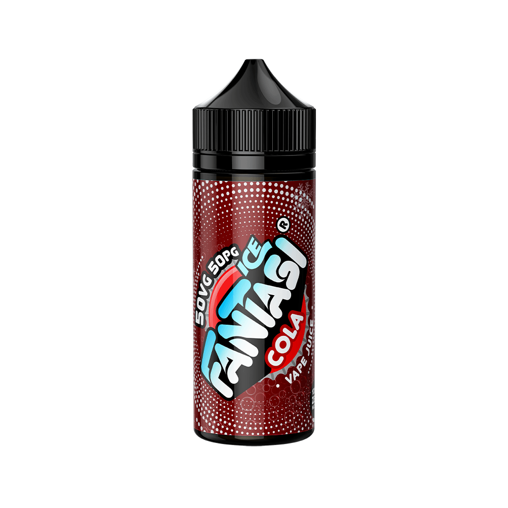 Fantasi Ice Cola 50/50 vape juice bottle with a red and black label.