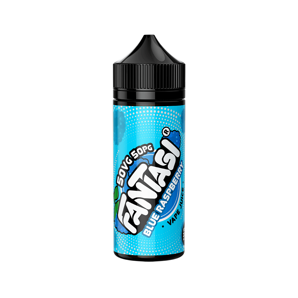 Fantasi Blue Raspberry vape juice bottle with a blue label and black cap.