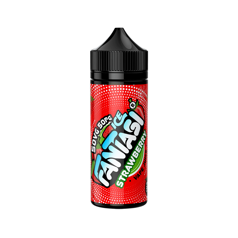 Fantasi Ice Strawberry vape juice bottle, red label, 50/50 PG/VG, 100ml shortfill.