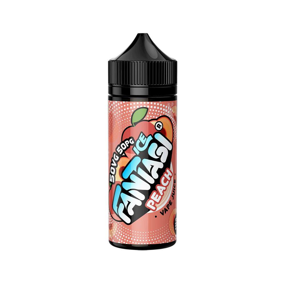 Fantasi Ice Peach vape juice bottle with vibrant design, 50VG/50PG, 100ml shortfill.