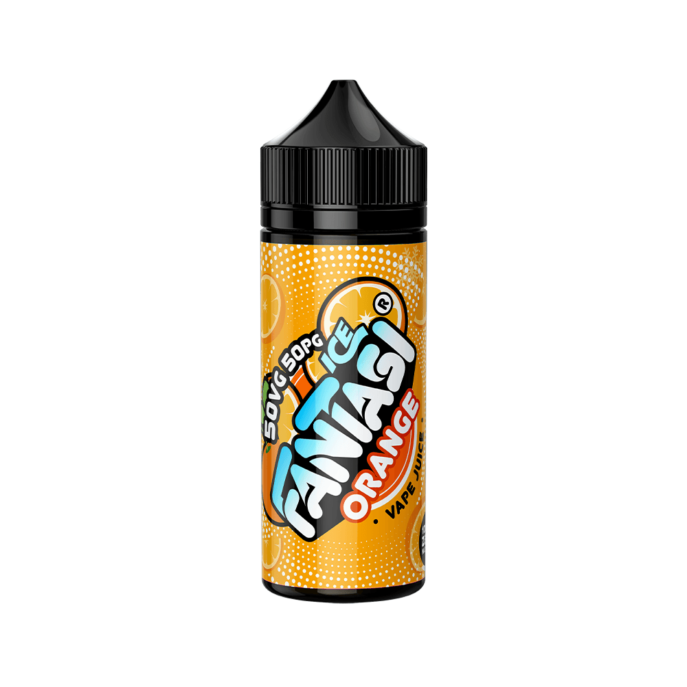 Fantasi Ice Orange 100ml e-liquid bottle with vibrant orange graphics.