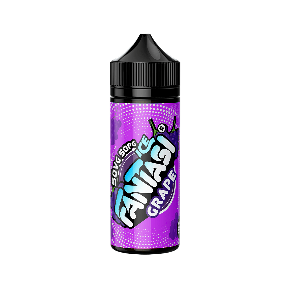 Fantasi Ice Grape 50/50 100ml shortfill vape juice bottle with purple design.