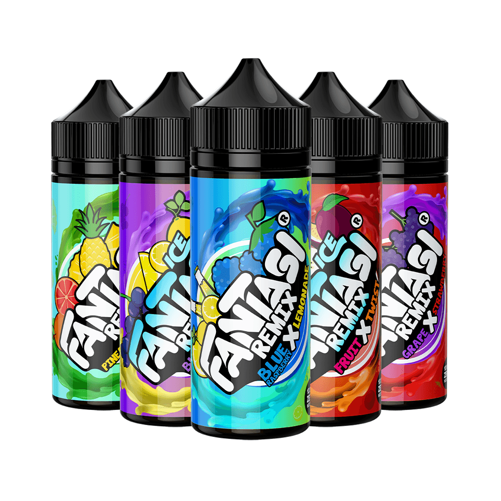 Five Fantasi Remix e-liquid bottles in various fruity flavours.