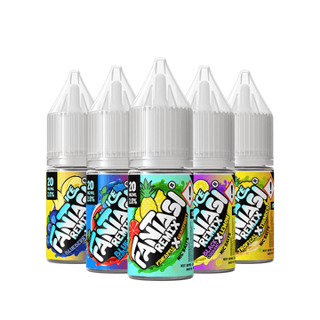 Five bottles of Fantasi Remix 10ml vape juice in various fruit flavours.