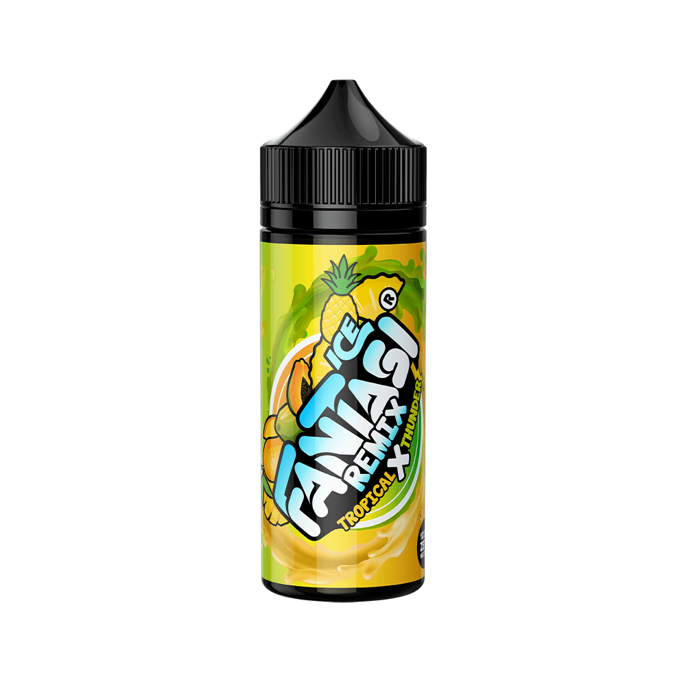 Fantasi Remix Tropical X Thunder e-liquid bottle with vibrant fruit-themed label design.