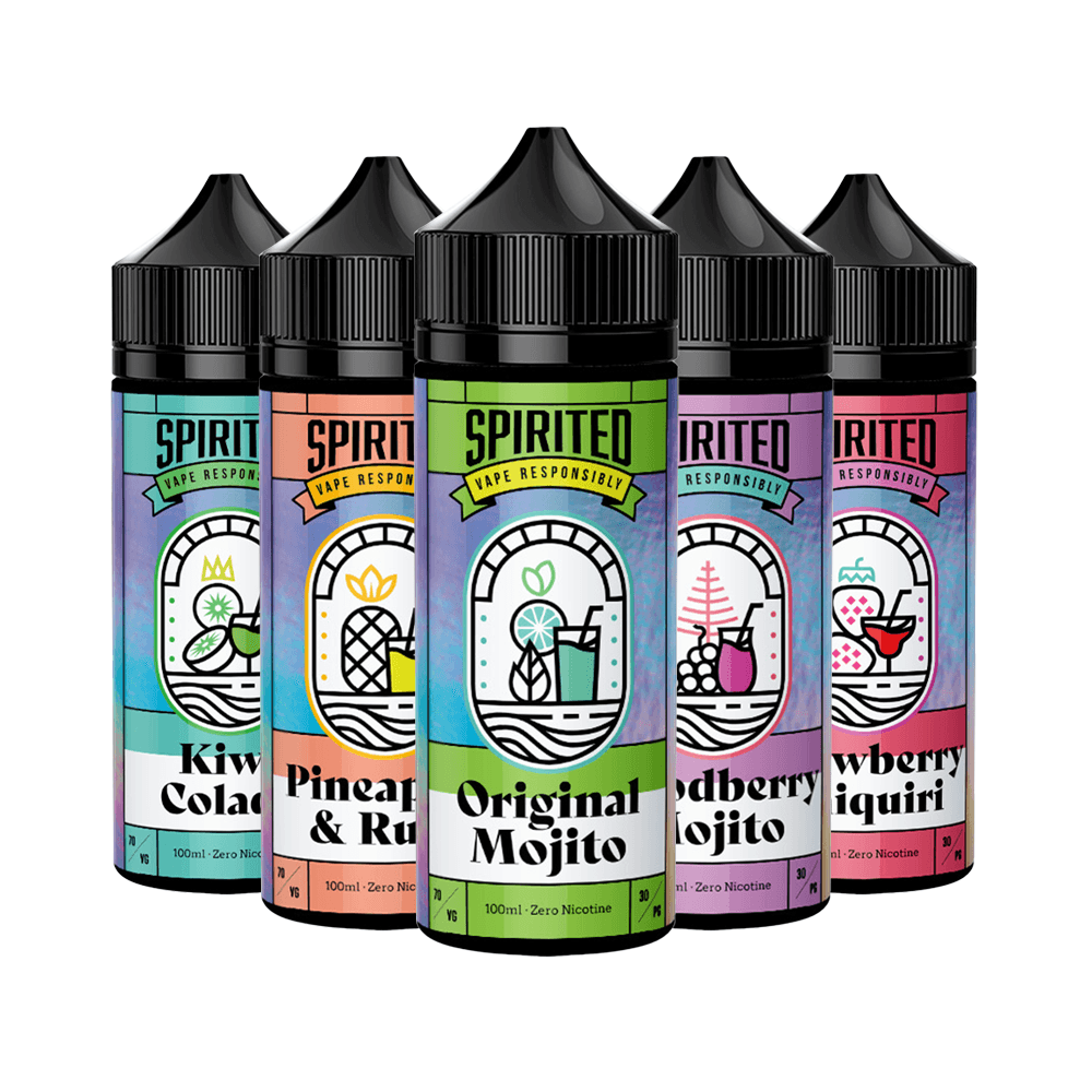 Five Spirited vape juice bottles: Kiwi Colada, Pineapple & Rum, Original Mojito, Raspberry Mojito, Strawberry Daiquiri.