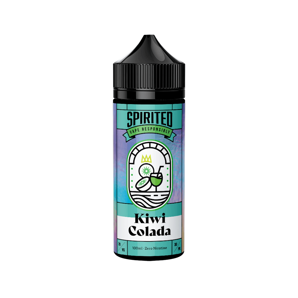 Spirited Kiwi Colada vape juice bottle, 100ml, with vibrant label design.