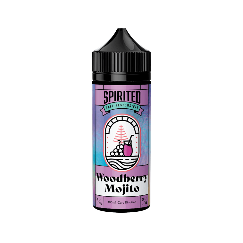 Bottle of Spirited Woodberry Mojito vape juice, 100ml shortfill, with a purple and blue label.