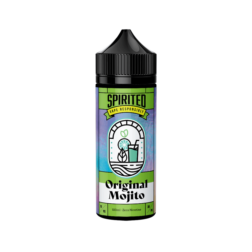 Bottle of Spirited Original Mojito vape juice, 100ml shortfill, with a colourful label design.