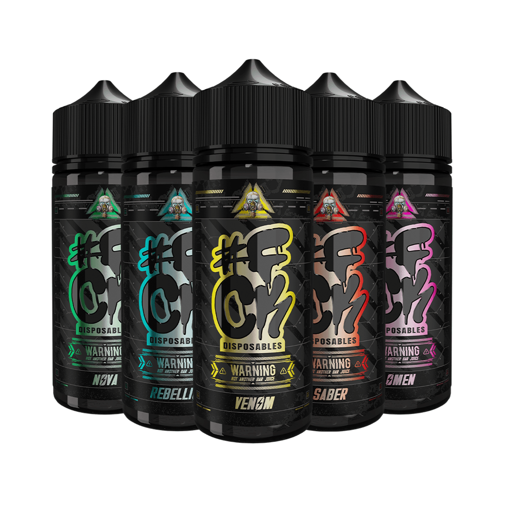 Five bottles of #FCK Disposables 100ml e-liquid by Wick Liquor and Fallout Vape.