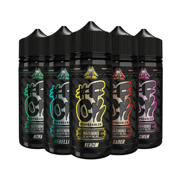 Five bottles of #FCK Disposables 100ml e-liquid by Wick Liquor and Fallout Vape.