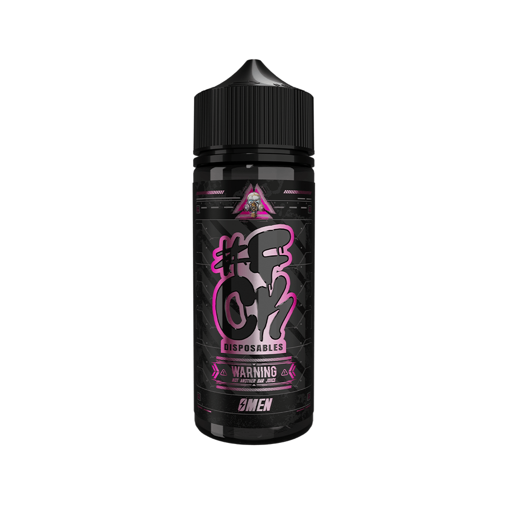 100ml shortfill bottle of "#FCK" Disposables by Wick Liquor x Fallout Vape, black and pink label.