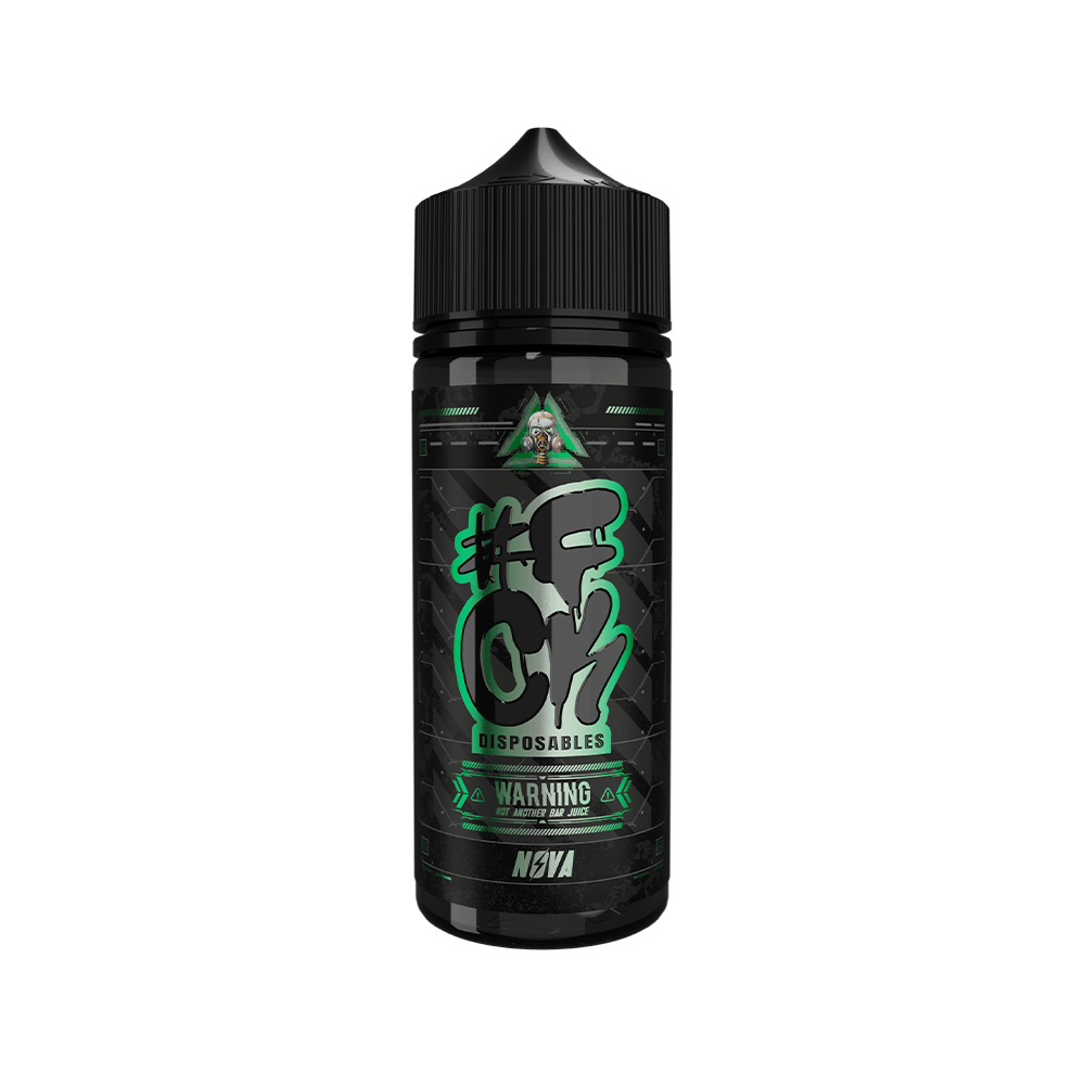 Bottle of FCK Disposables 100ml Shortfill by Wick Liquor and Fallout Vape, black and green design.