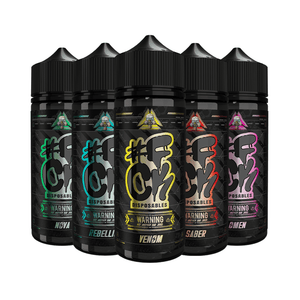 #FCK DISPOSABLES 100ml Shortfill e-liquid in nova, rebellion, venom, saber, and omen flavours.