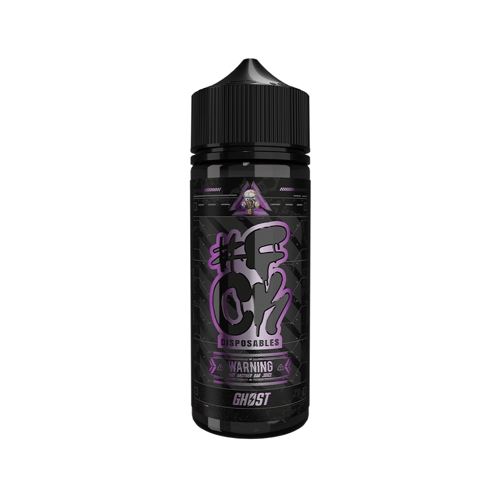 100ml shortfill e-liquid bottle, FCK Disposables by Wick Liquor, black and purple label design.