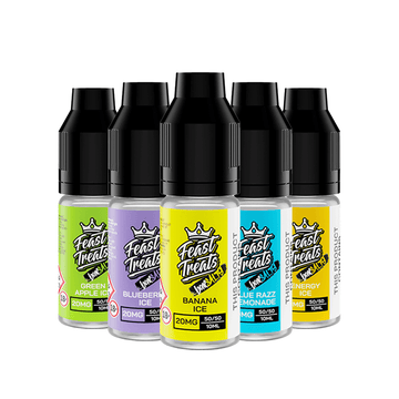 Five Feast Treats vape juice bottles in various fruity flavours.