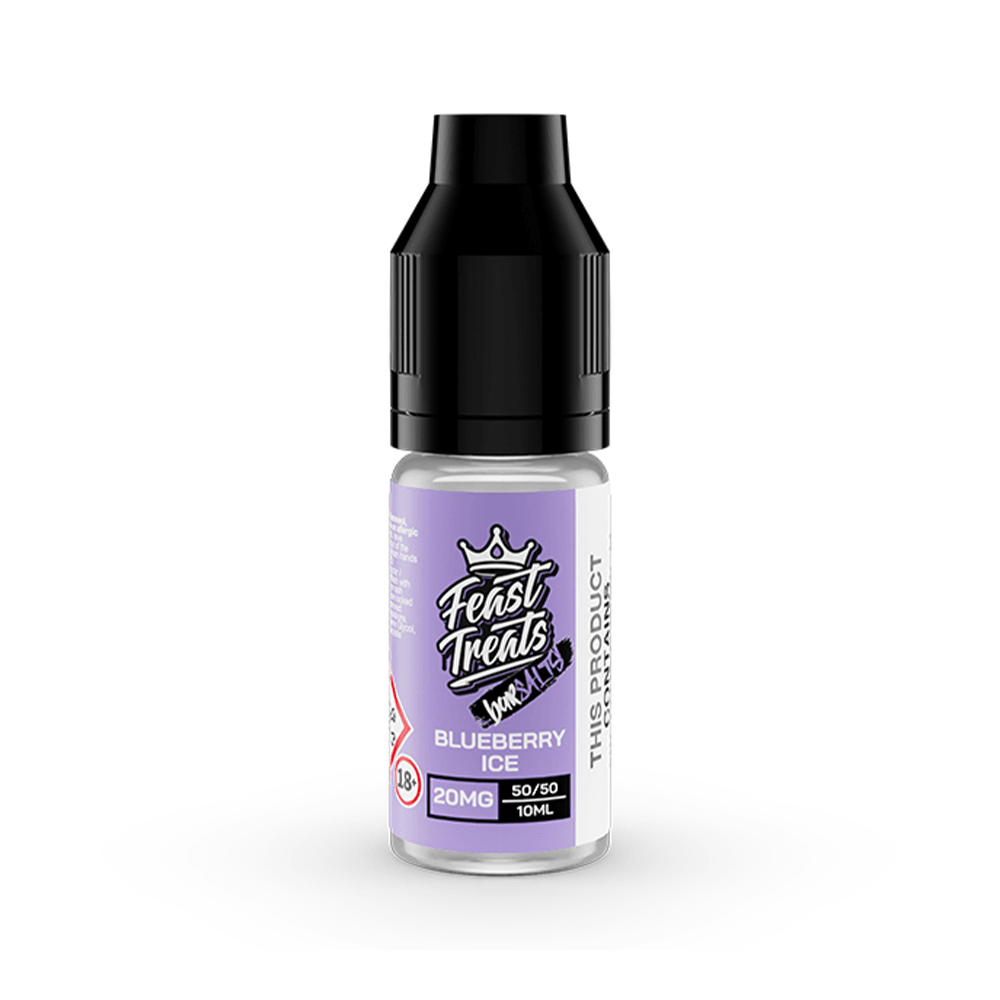 Feast Treats Blueberry Ice 10ml Salt e-liquid bottle with purple label, 20mg nicotine strength.