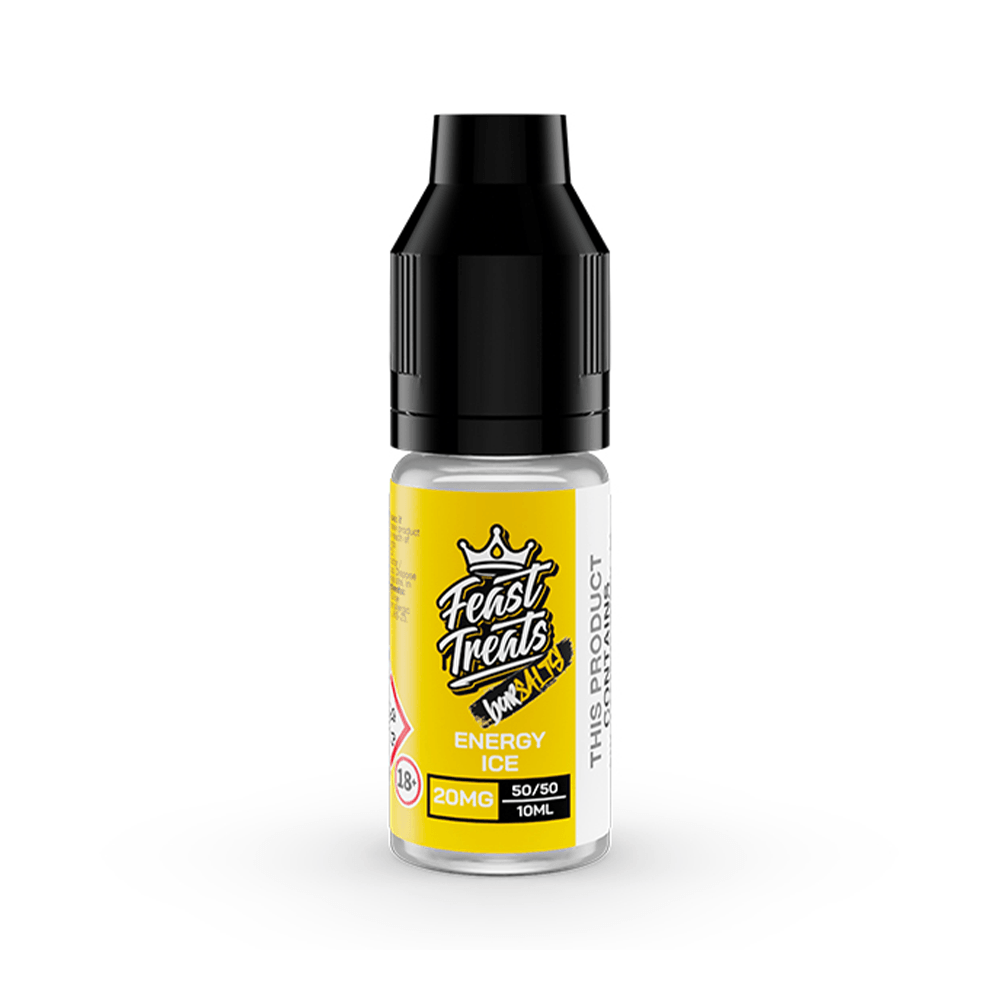 Feast Treats Energy Ice 10ml vape juice bottle with a yellow label and black cap.