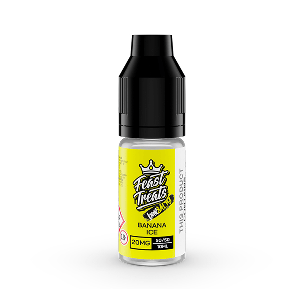 Feast Treats Banana Ice 20mg vape juice bottle, 10ml size, yellow label.