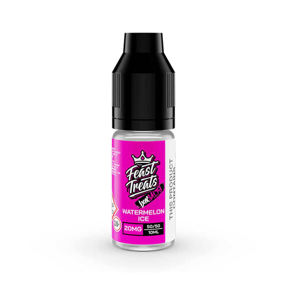 Feast Treats Watermelon Ice 10ml vape juice bottle, 20mg nicotine salt, pink label.