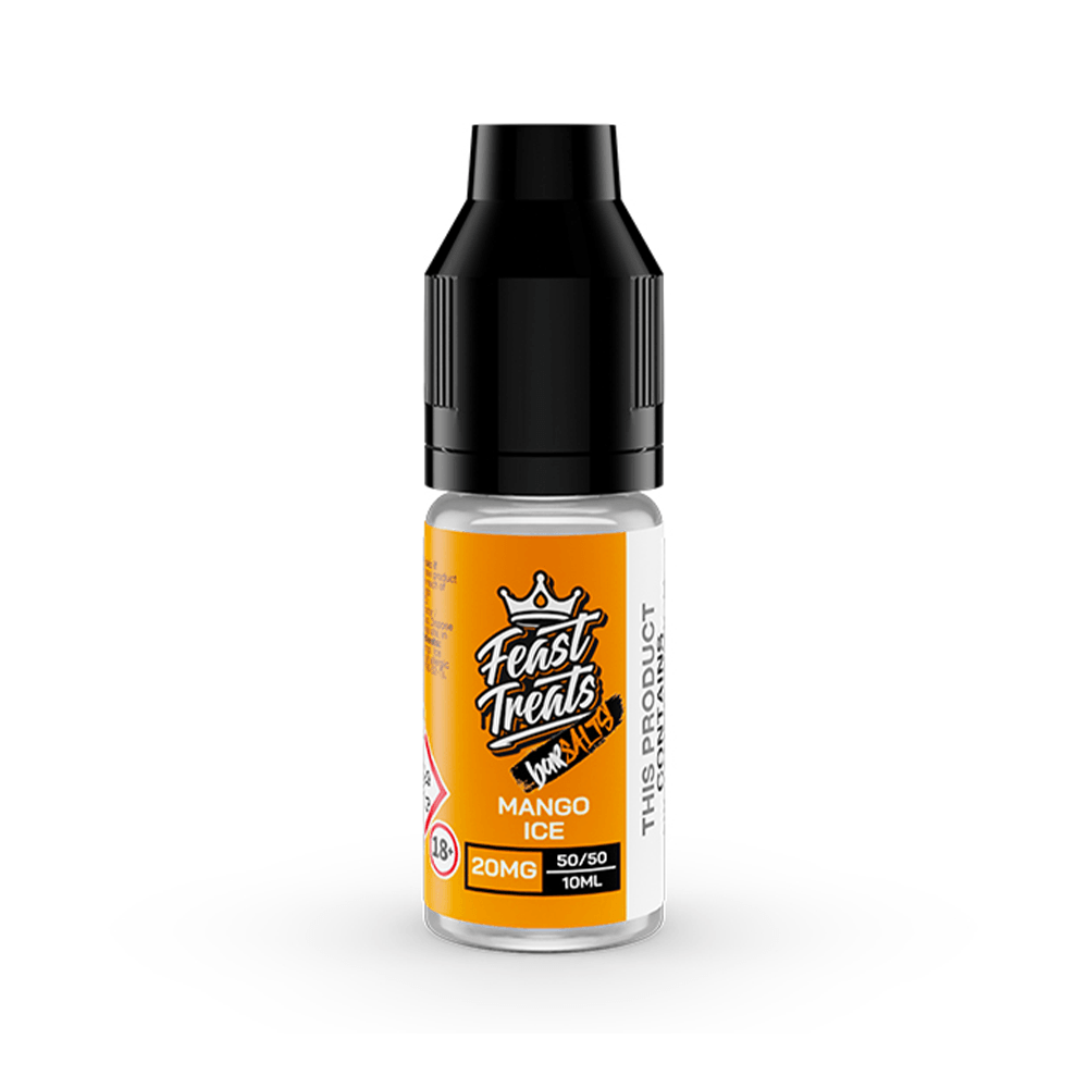 Feast Treats Mango Ice 10ml vape juice bottle with bold orange label and nicotine strength details.