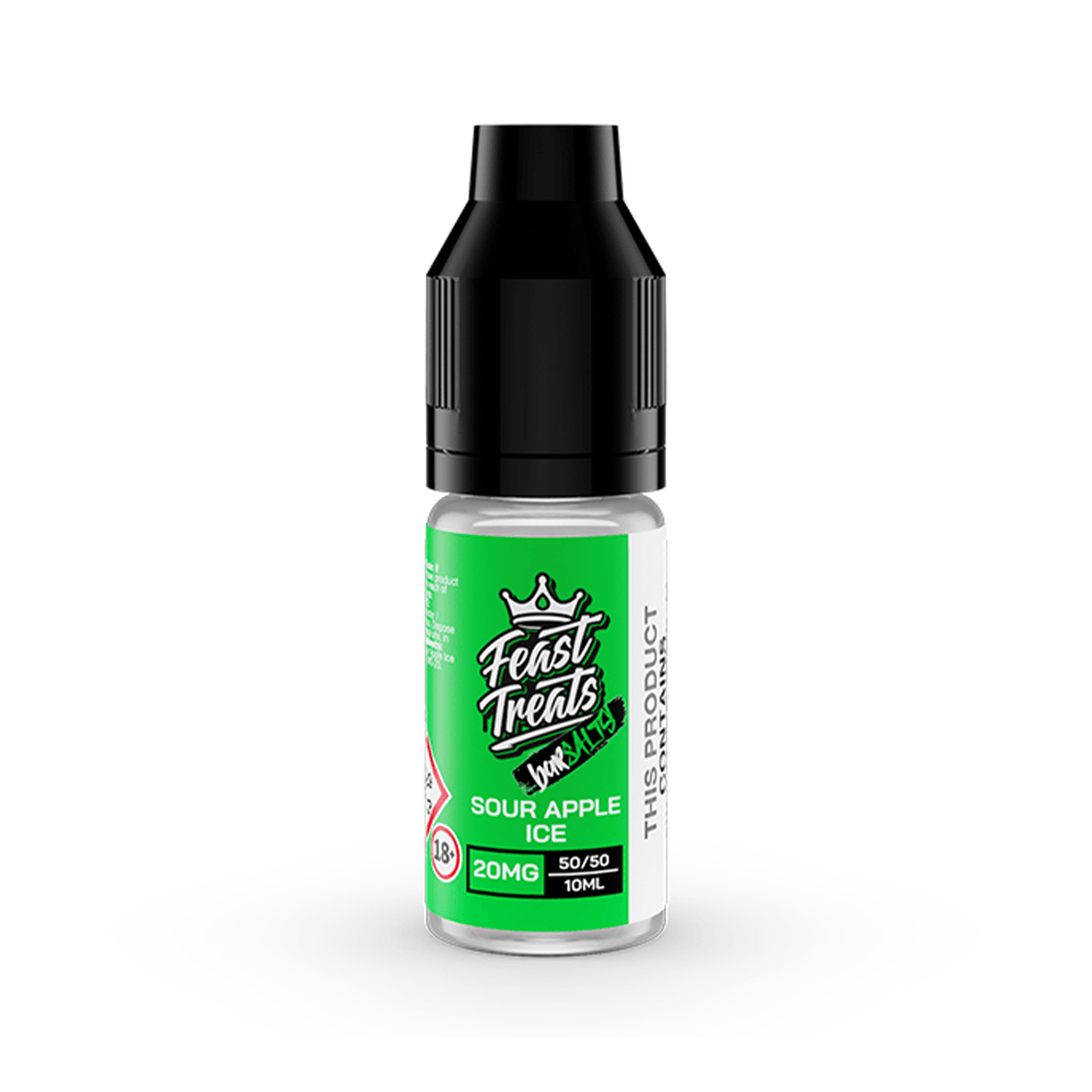 Feast Treats Sour Apple Ice 10ml vape juice bottle with green label and black cap.