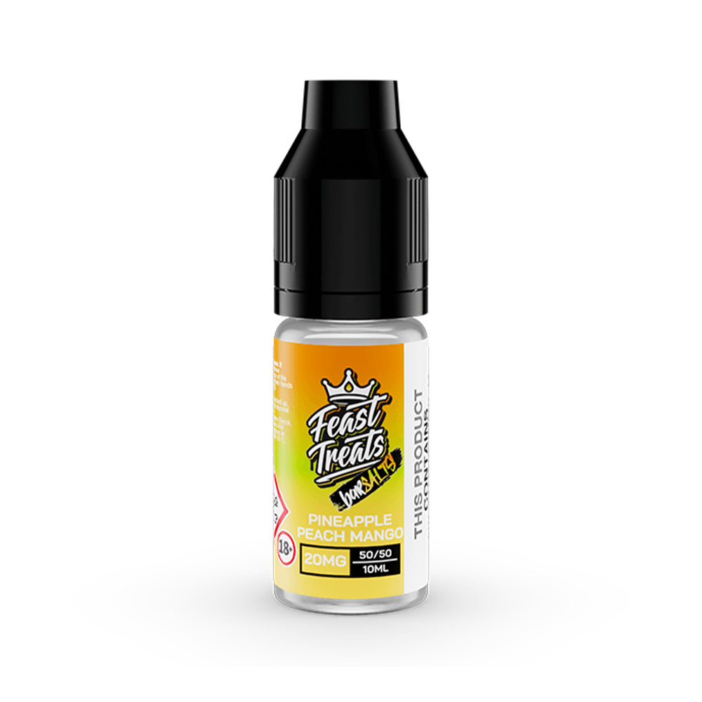 Feast Treats Pineapple Peach Mango 10ml vape juice bottle, 20mg nicotine salt.