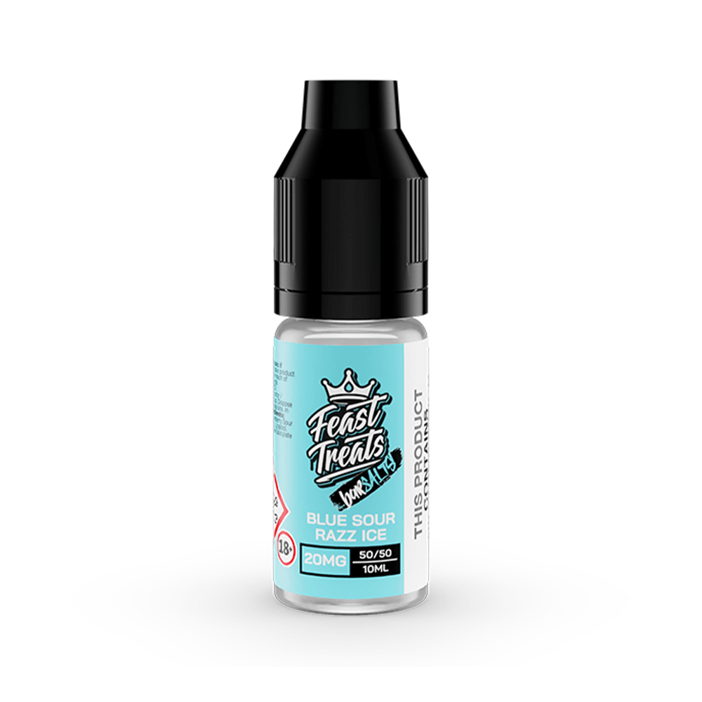 Feast Treats Blue Sour Razz Ice vape juice, 20mg, 10ml bottle with a black cap.