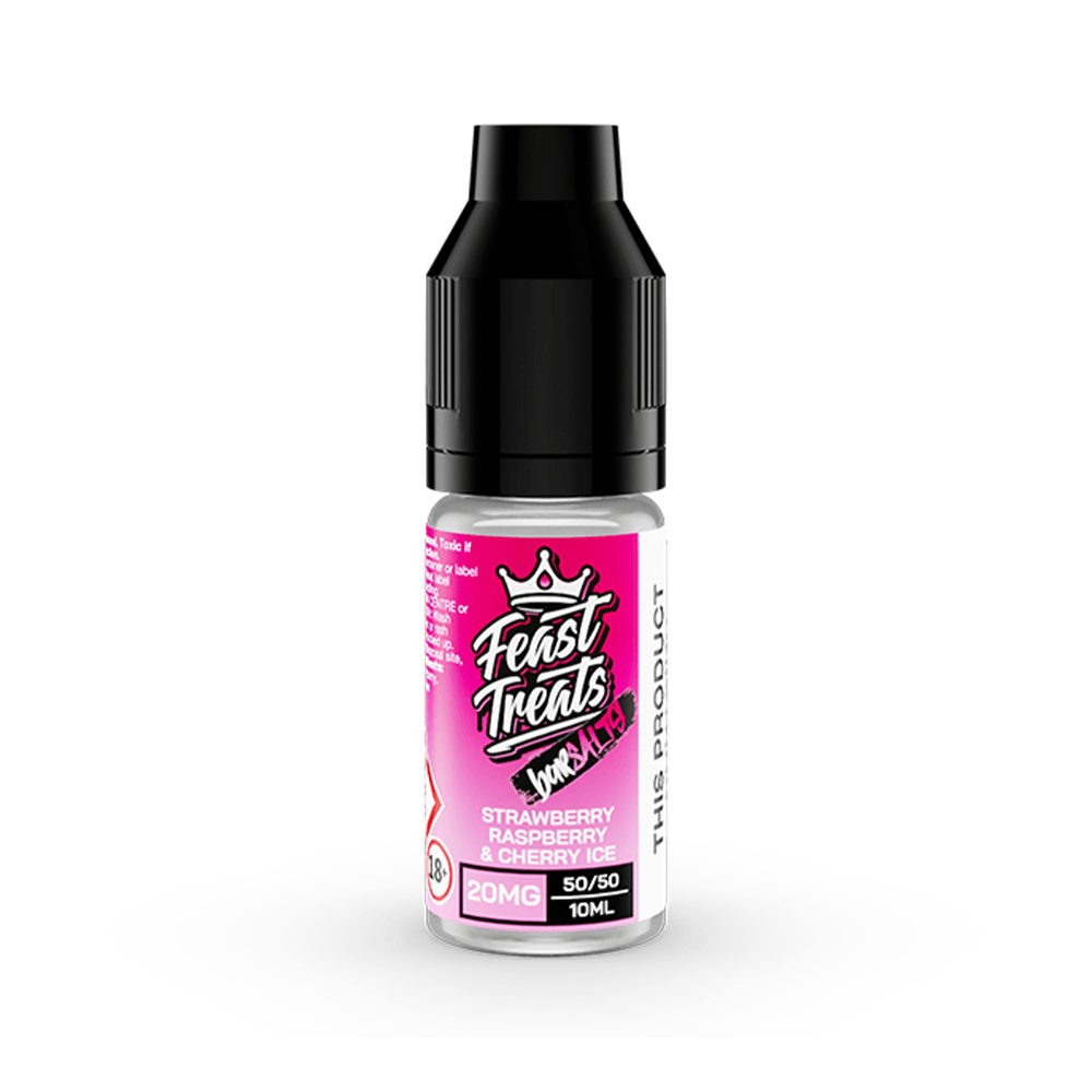 Feast Treats e-liquid bottle, strawberry raspberry cherry ice flavour, 20mg, 10ml.