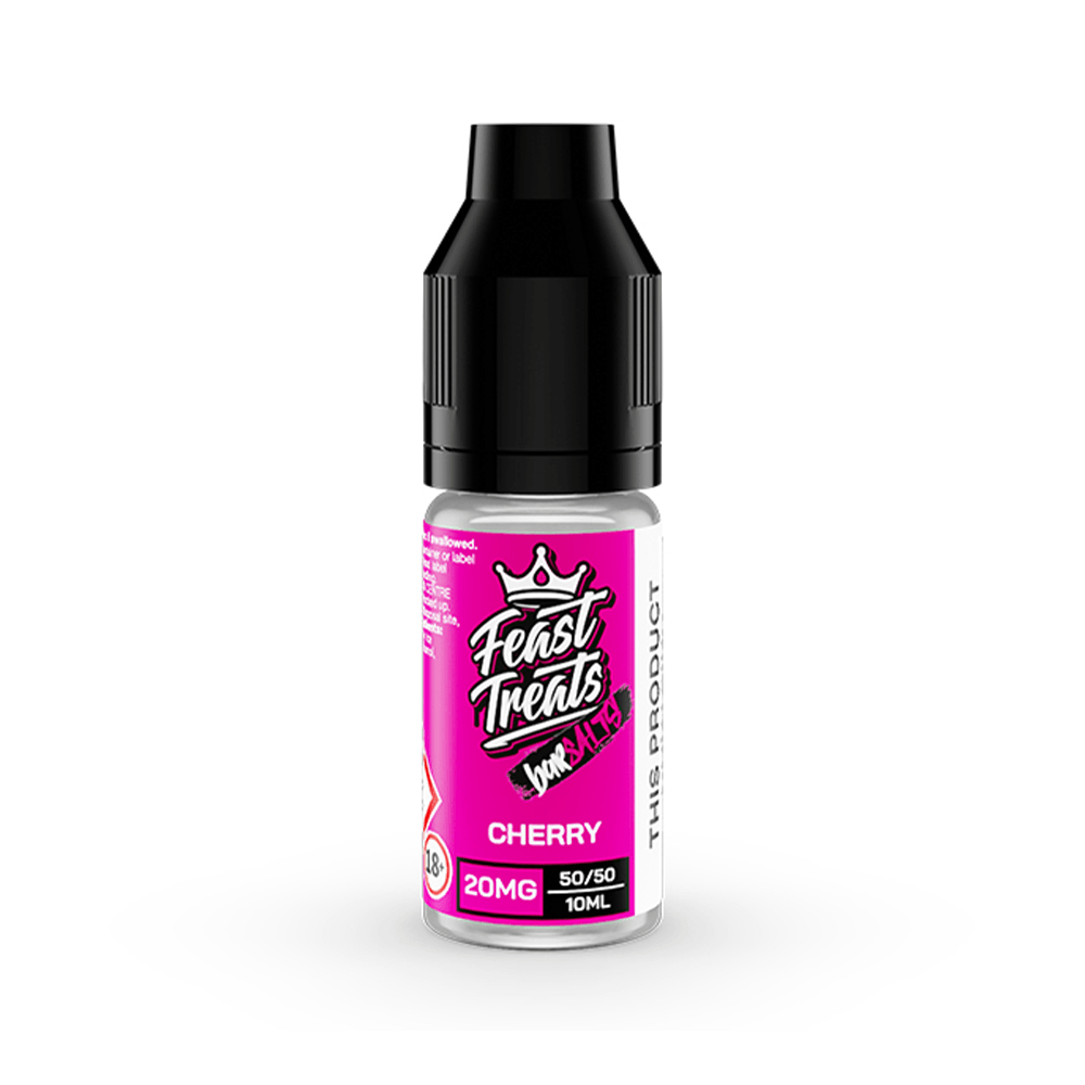 Feast Treats Cherry 10ml vape juice bottle with pink label, 20mg nicotine salt.