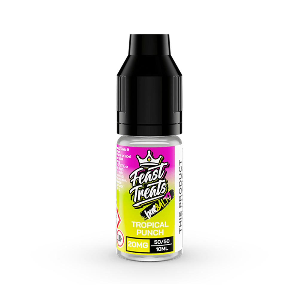 Feast Treats Tropical Punch vape juice bottle, 20mg, 10ml, with vibrant label design.