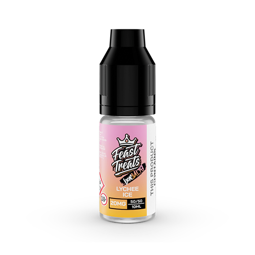 Feast Treats Lychee Ice 10ml vape juice bottle with 20mg nicotine strength.