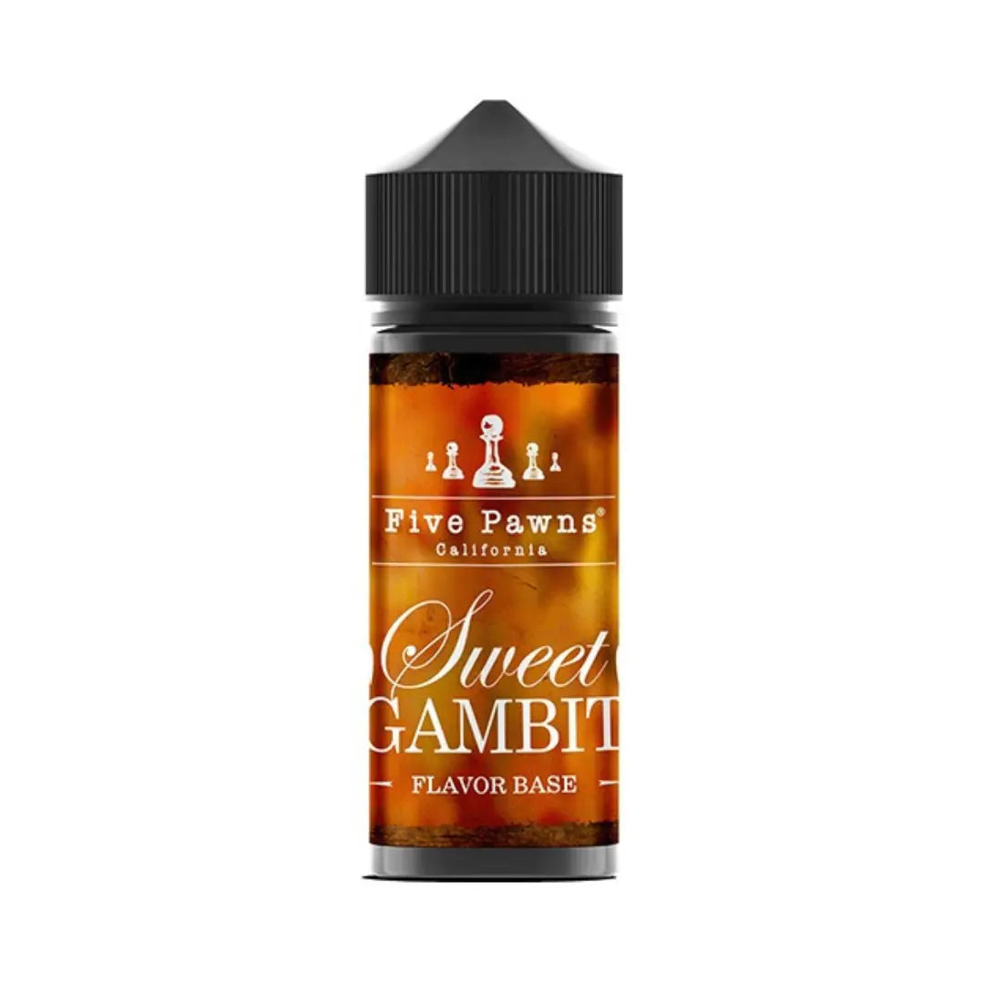 a bottle of five pawns 100ml e-liquid displaying sweet gambit flavour base on the label