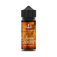 a bottle of five pawns 100ml e-liquid displaying sweet gambit flavour base on the label