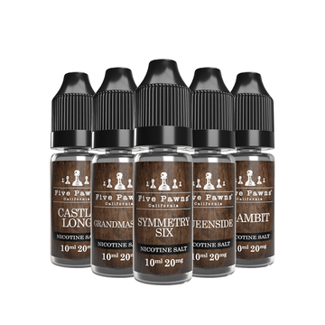 Five Pawns 10ml nicotine salt e-liquids: Castle Long, Grandmaster, Symmetry Six, Queenside, Gambit.