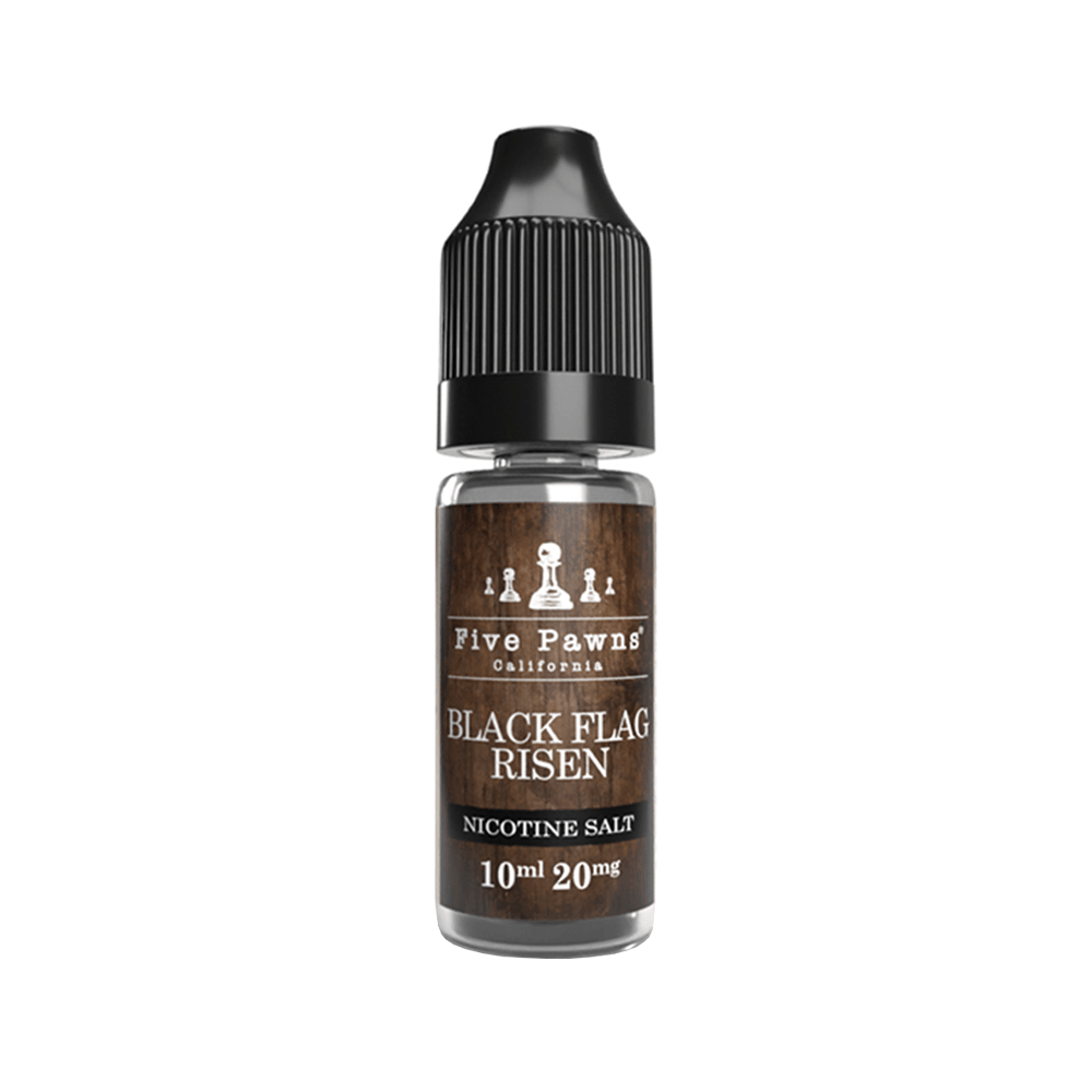 Five Pawns Black Flag Risen 10ml nicotine salt bottle, 20mg strength, with black cap.