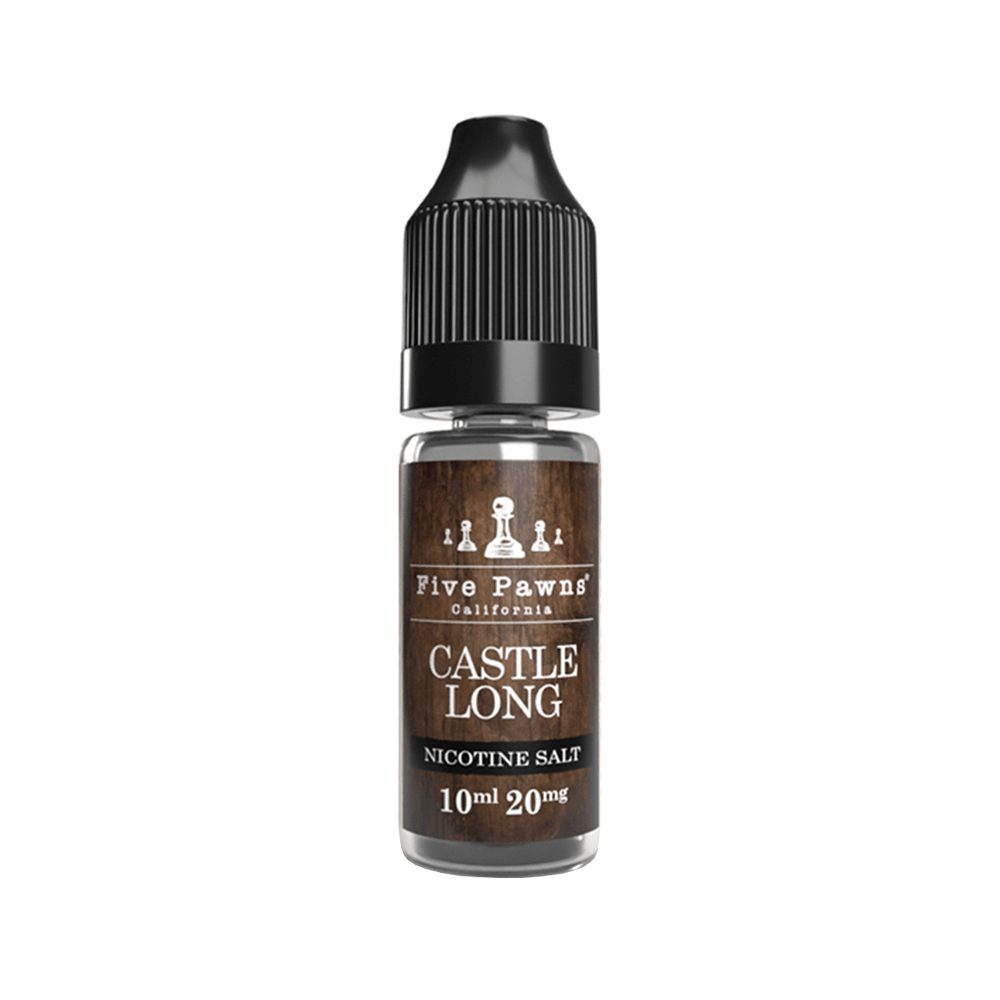 Five Pawns Castle Long 10ml nicotine salt bottle, 20mg strength, with black cap.