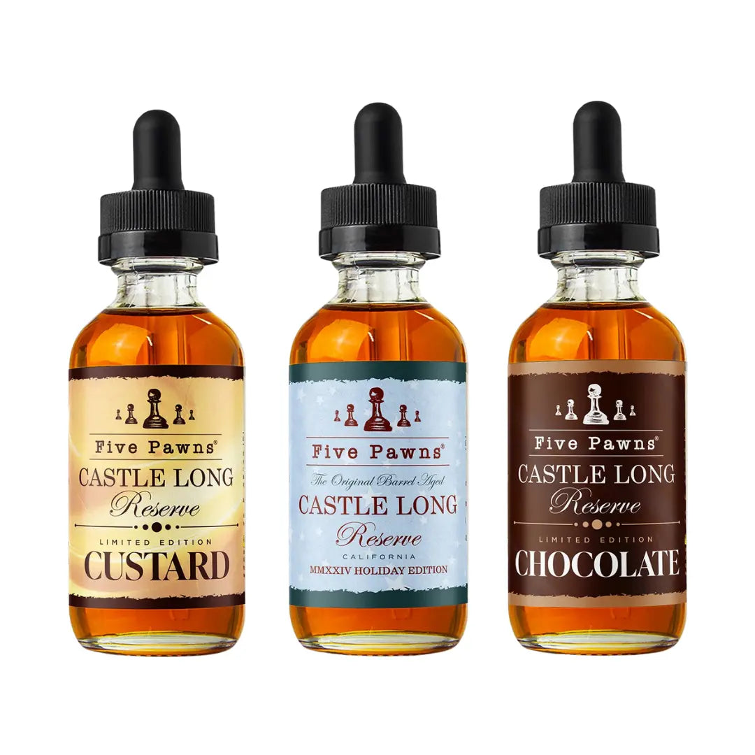 A trio of Five Pawns Castle Long Reserve 50ml shortfill e-liquid bottles showcasing three unique flavour variants: Custard, Holiday Edition, and Chocolate, with their premium glass bottles and elegant labels.